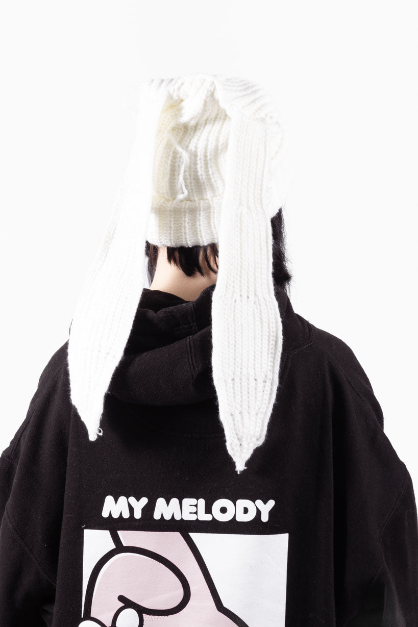 anime Headwear streetwear Bunny Knitted • Distressed Beanie White - kaomoji