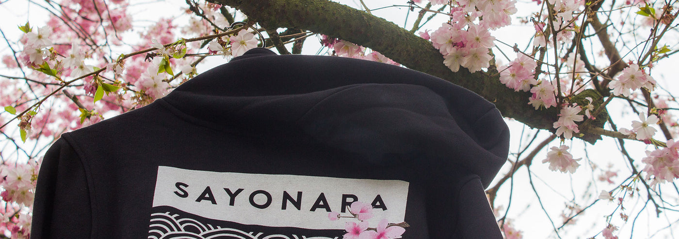 kaomoji sakura sayonara hoodie black collection cherry blossom  - Japanese/Anime-inspired clothing