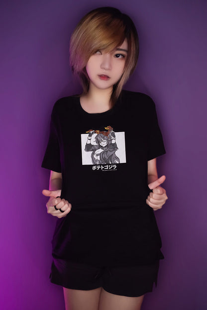 anime T-Shirts streetwear Potato Godzilla x kaomoji • T-shirt Black Cosplay - kaomoji